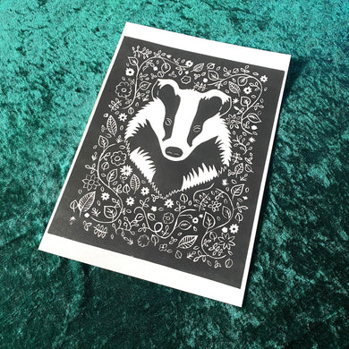 Posters, Prints, & Visual Artwork Botanical Badger Linocut Original A4 Print Michelle Midwinter