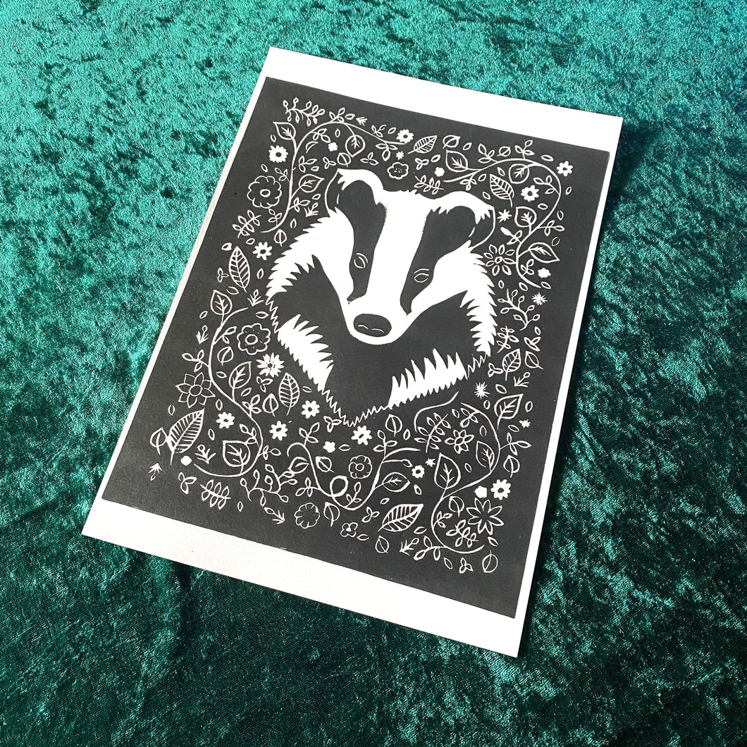 Posters, Prints, & Visual Artwork Botanical Badger Linocut Original A4 Print Michelle Midwinter
