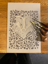 Load image into Gallery viewer, Posters, Prints, &amp; Visual Artwork Botanical Badger Linocut Original A4 Print Michelle Midwinter