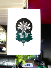 Load image into Gallery viewer, Posters, Prints, &amp; Visual Artwork Tree Skull Ombre Green &amp; Black Linocut Original A4 Linocut Print Michelle Midwinter
