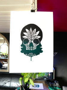 Posters, Prints, & Visual Artwork Tree Skull Ombre Green & Black Linocut Original A4 Linocut Print Michelle Midwinter