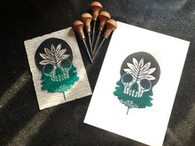 Load image into Gallery viewer, Posters, Prints, &amp; Visual Artwork Tree Skull Ombre Green &amp; Black Linocut Original A4 Linocut Print Michelle Midwinter
