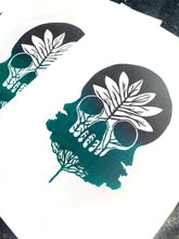Load image into Gallery viewer, Posters, Prints, &amp; Visual Artwork Tree Skull Ombre Green &amp; Black Linocut Original A4 Linocut Print Michelle Midwinter