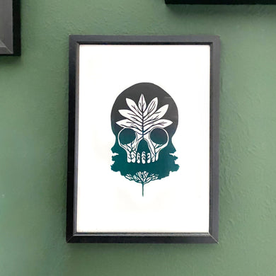 Posters, Prints, & Visual Artwork Tree Skull Ombre Green & Black Linocut Original A4 Linocut Print Michelle Midwinter