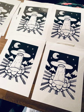 Posters, Prints, & Visual Artwork Visitors Alien UFO Linocut Original A4 LinocutPrint Michelle Midwinter