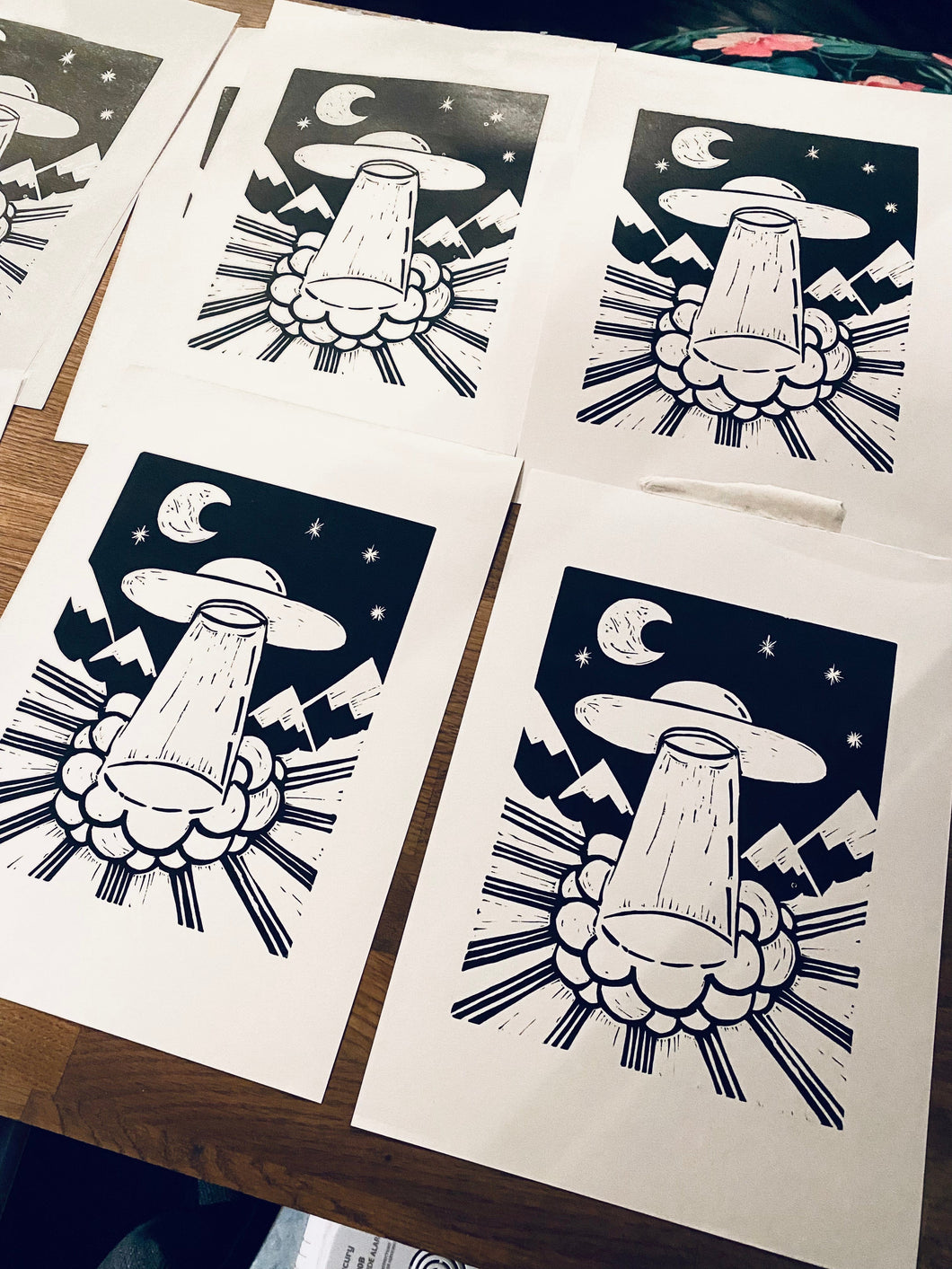 Posters, Prints, & Visual Artwork Visitors Alien UFO Linocut Original A4 LinocutPrint Michelle Midwinter