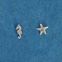 Load image into Gallery viewer, Body Jewellery Bars Stud Earrings Seahorse and Starfish Mismatch Studs - Asymmetrical Seahorse Earrings, Conch, Medusa, Tragus, Helix Midwinter Hollow
