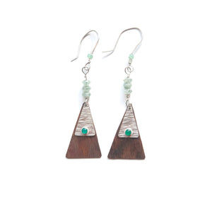 Dangle Earrings Green Onyx Textured Triangle Silver & Copper Dangle Earrings with Aventurine Midwinter Hollow