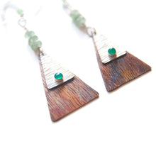 Load image into Gallery viewer, Dangle Earrings Green Onyx Textured Triangle Silver &amp; Copper Dangle Earrings with Aventurine Midwinter Hollow