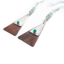 Load image into Gallery viewer, Dangle Earrings Green Onyx Textured Triangle Silver &amp; Copper Dangle Earrings with Aventurine Midwinter Hollow