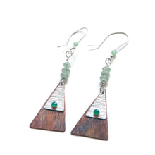 Load image into Gallery viewer, Dangle Earrings Green Onyx Textured Triangle Silver &amp; Copper Dangle Earrings with Aventurine Midwinter Hollow