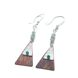 Dangle Earrings Green Onyx Textured Triangle Silver & Copper Dangle Earrings with Aventurine Midwinter Hollow