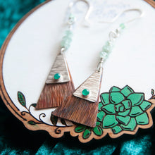 Load image into Gallery viewer, Dangle Earrings Green Onyx Textured Triangle Silver &amp; Copper Dangle Earrings with Aventurine Midwinter Hollow
