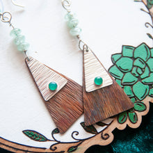Load image into Gallery viewer, Dangle Earrings Green Onyx Textured Triangle Silver &amp; Copper Dangle Earrings with Aventurine Midwinter Hollow