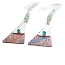 Load image into Gallery viewer, Dangle Earrings Green Onyx Textured Triangle Silver &amp; Copper Dangle Earrings with Aventurine Midwinter Hollow