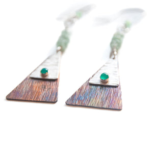 Dangle Earrings Green Onyx Textured Triangle Silver & Copper Dangle Earrings with Aventurine Midwinter Hollow