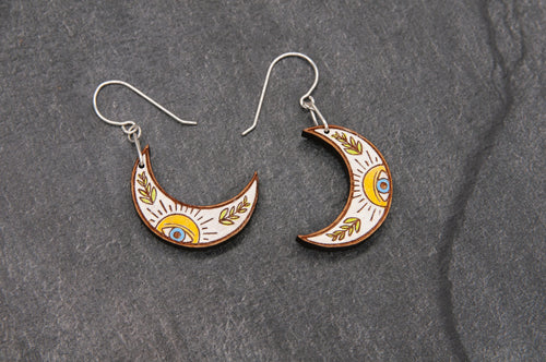 Dangle Earrings Painted Wooden Moon Dangle Earrings Midwinter Hollow