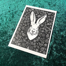 Load image into Gallery viewer, Hare and Botanical  Linocut Original A4 Print Midwinter Hollow