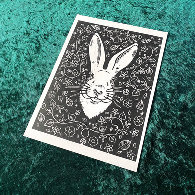 Hare and Botanical  Linocut Original A4 Print Midwinter Hollow