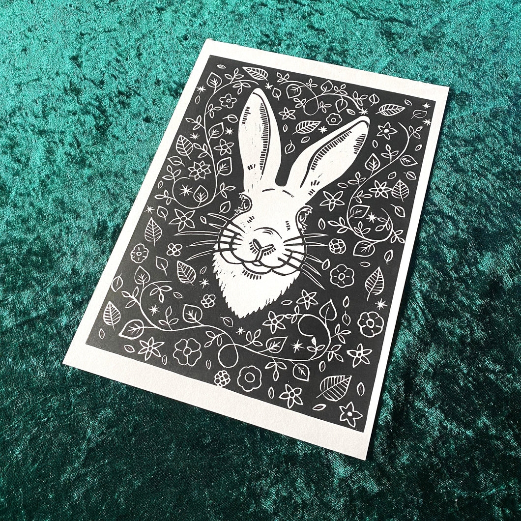 Hare and Botanical  Linocut Original A4 Print Midwinter Hollow