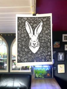 Hare and Botanical  Linocut Original A4 Print Midwinter Hollow
