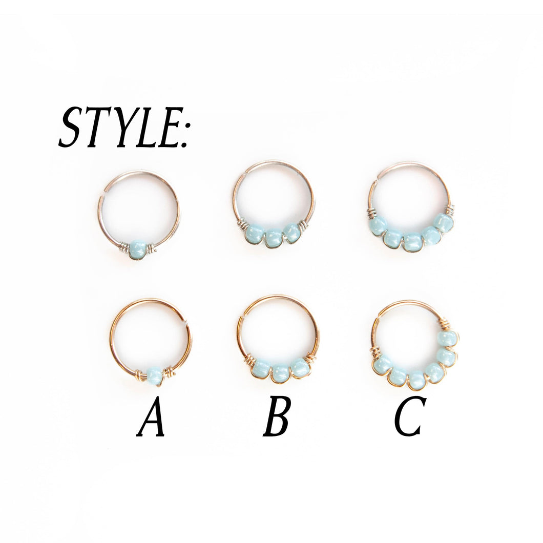 Nose Hoop Baby Blue Beaded Nose Ring Sterling Silver / 8mm / A Midwinter Hollow