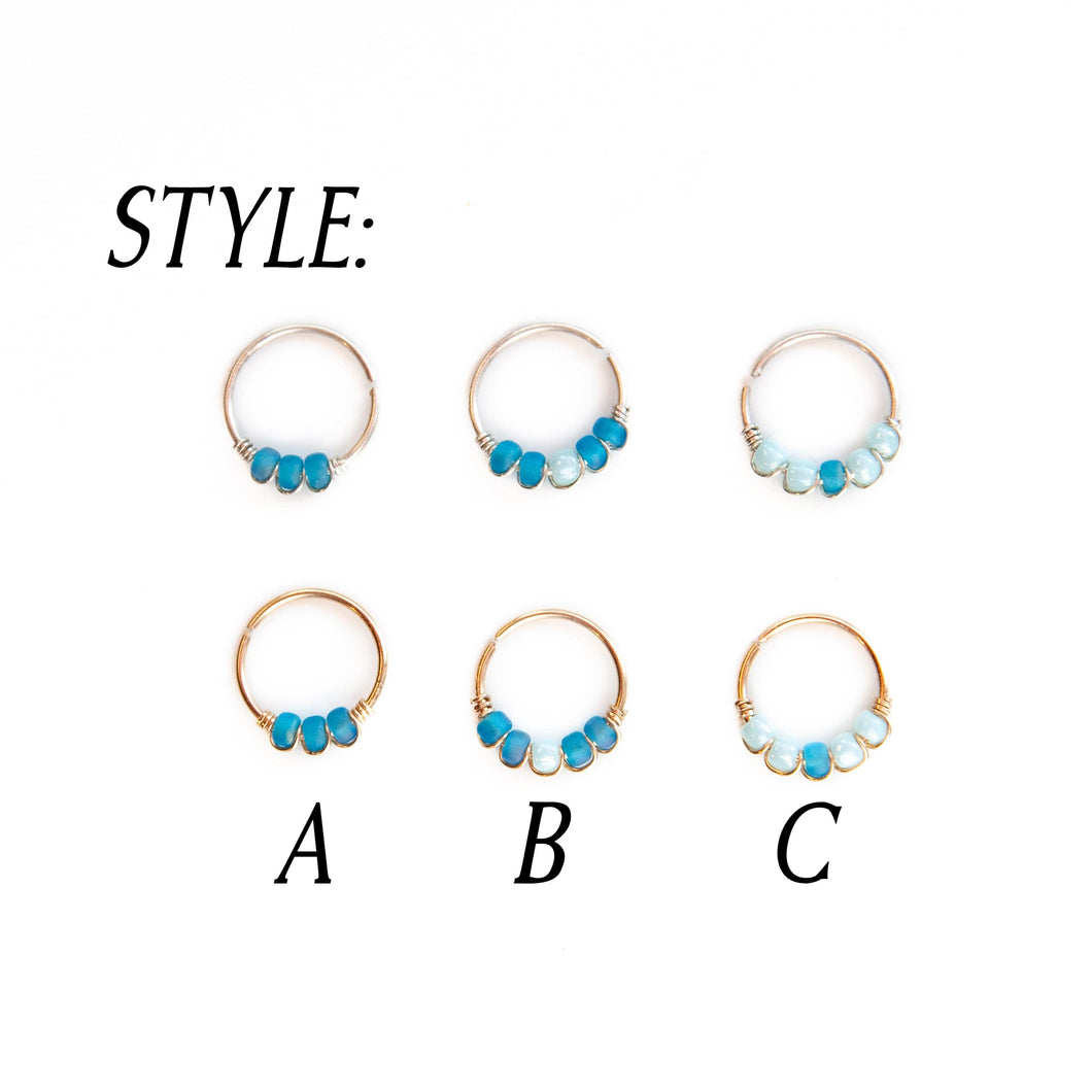 Nose Hoop Blue & Light Blue Beaded Nose Ring Sterling Silver / 8mm / A Midwinter Hollow