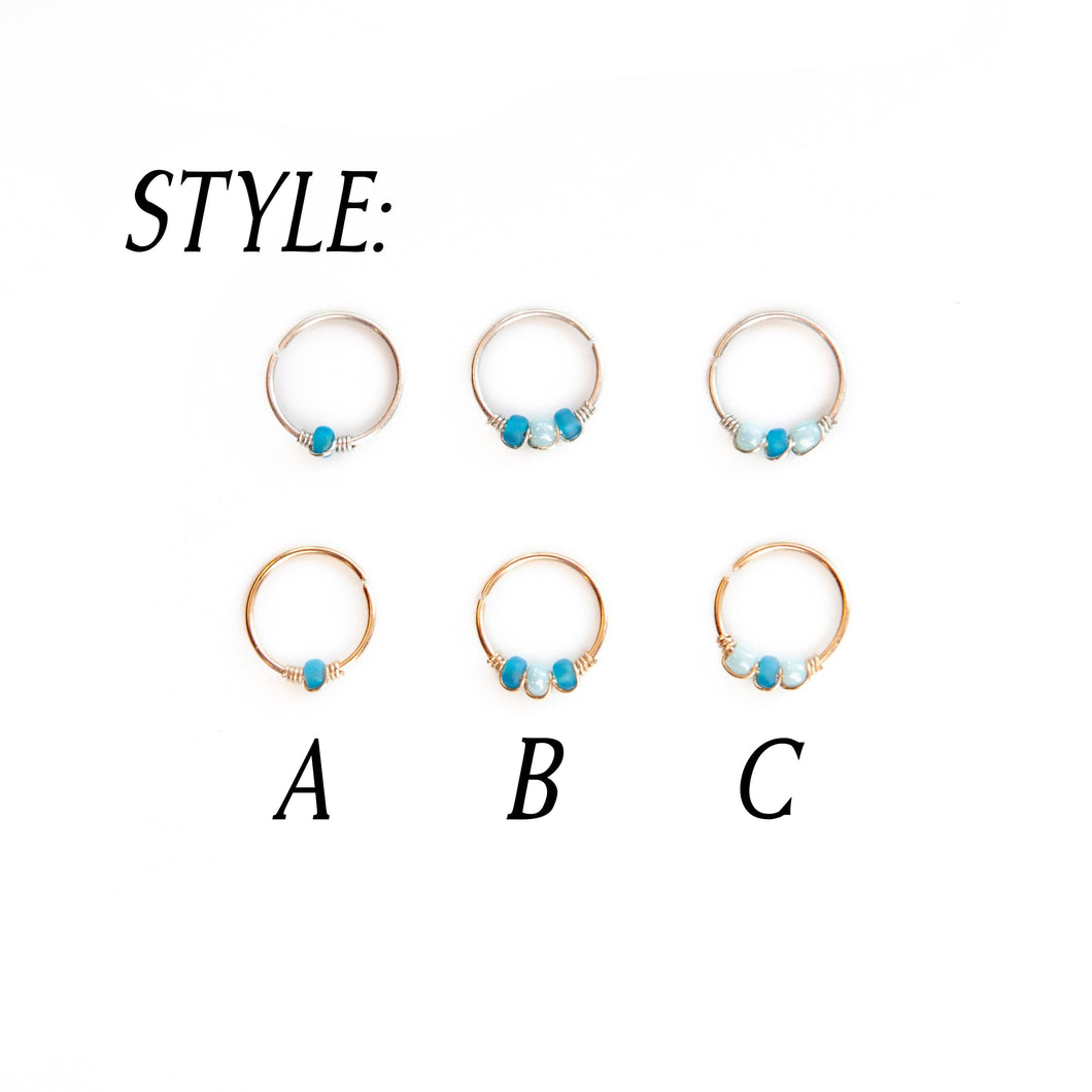 Nose Hoop Light Blue & Blue Beaded Nose Ring Sterling Silver / 8mm / A Midwinter Hollow