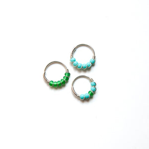 Silver Cartilage Hoop Earrings Huggie Earrings Green & Turquoise Mismatched Silver Hoop Earring Set - Cartilage Hoop, Nose Ring Midwinter Hollow