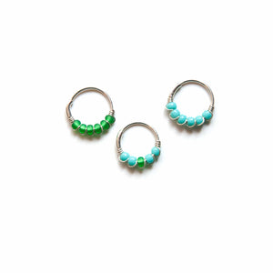 Silver Cartilage Hoop Earrings Huggie Earrings Green & Turquoise Mismatched Silver Hoop Earring Set - Cartilage Hoop, Nose Ring Midwinter Hollow