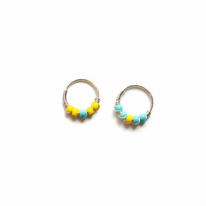 Silver Cartilage Hoop Earrings Huggie Earrings Turquoise & Yellow Mismatched Silver Hoop Earrings - Cartilage Hoop, Nose Ring Midwinter Hollow