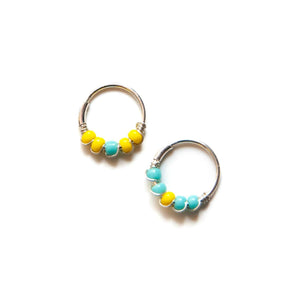 Silver Cartilage Hoop Earrings Huggie Earrings Turquoise & Yellow Mismatched Silver Hoop Earrings - Cartilage Hoop, Nose Ring Midwinter Hollow