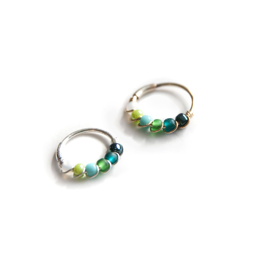 Silver Gold Cartilage Hoop Earrings Huggie Earrings Green Ombre Bead Huggie Earrings for Cartilage, Nose, Ear, Helix Piercing Midwinter Hollow