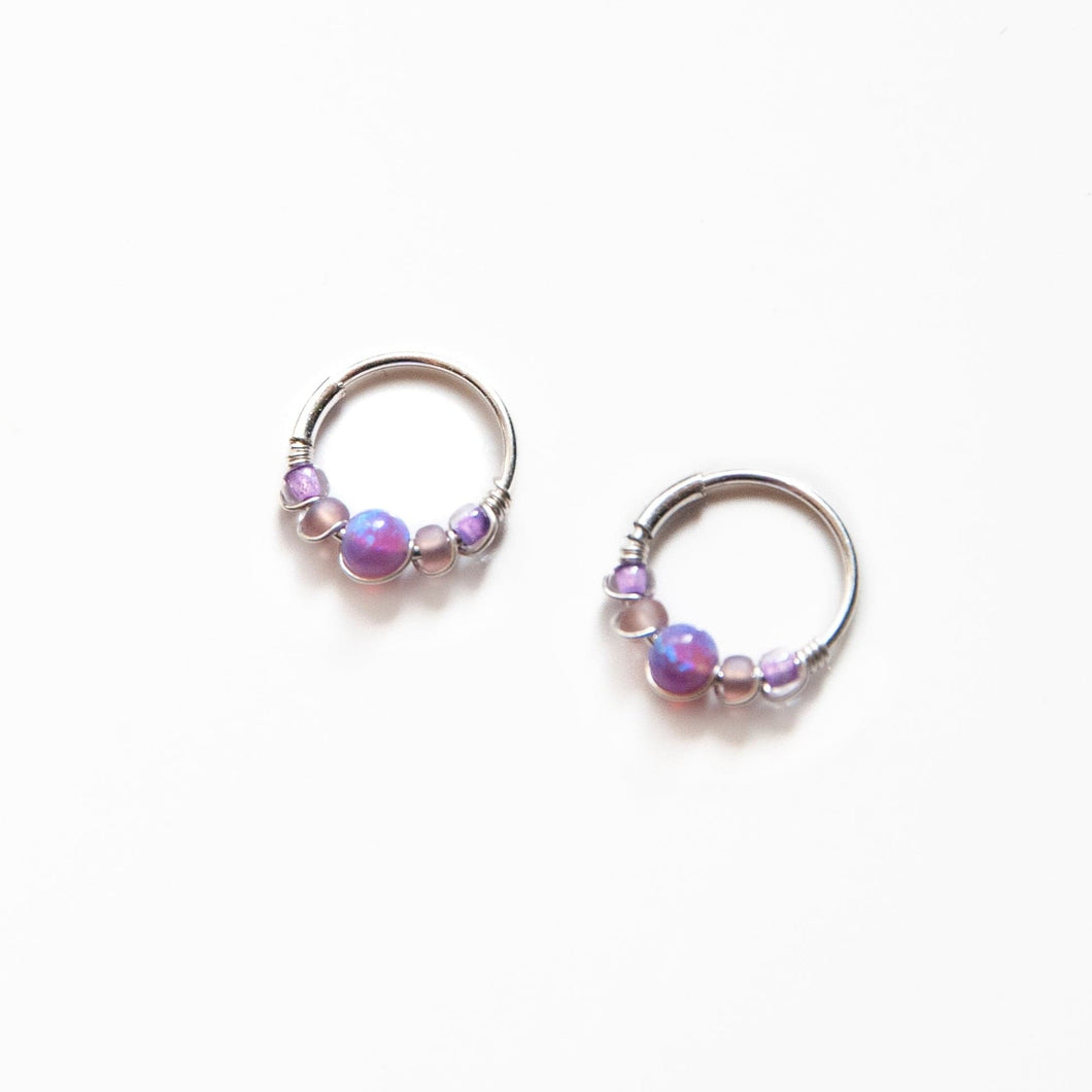 Silver Gold Cartilage Hoop Earrings Huggie Earrings Purple Opal Beaded Huggie Hoop Earring, Ear, Nose, Cartilage, Tragus Midwinter Hollow