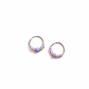 Silver Gold Cartilage Hoop Earrings Huggie Earrings Purple Opal Beaded Huggie Hoop Earring, Ear, Nose, Cartilage, Tragus Midwinter Hollow