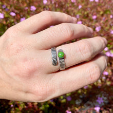 Load image into Gallery viewer, Sterling Silver Ring Turquoise Leaf &amp; Bark Textured Adjustable Ring, Sterling Silver with Green Copper Turquoise Midwinter Hollow