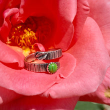 Load image into Gallery viewer, Sterling Silver Ring Turquoise Leaf &amp; Bark Textured Adjustable Ring, Sterling Silver with Green Copper Turquoise Midwinter Hollow