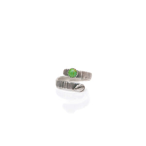 Sterling Silver Ring Turquoise Leaf & Bark Textured Adjustable Ring, Sterling Silver with Green Copper Turquoise Midwinter Hollow