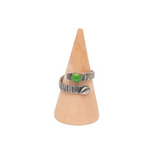 Load image into Gallery viewer, Sterling Silver Ring Turquoise Leaf &amp; Bark Textured Adjustable Ring, Sterling Silver with Green Copper Turquoise Midwinter Hollow