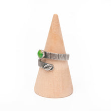 Load image into Gallery viewer, Sterling Silver Ring Turquoise Leaf &amp; Bark Textured Adjustable Ring, Sterling Silver with Green Copper Turquoise Midwinter Hollow