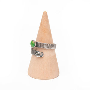 Sterling Silver Ring Turquoise Leaf & Bark Textured Adjustable Ring, Sterling Silver with Green Copper Turquoise Midwinter Hollow