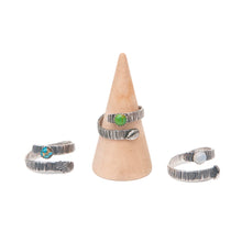 Load image into Gallery viewer, Sterling Silver Ring Turquoise Leaf &amp; Bark Textured Adjustable Ring, Sterling Silver with Green Copper Turquoise Midwinter Hollow