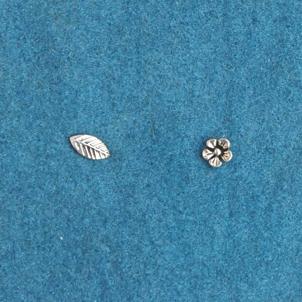Flower and Leaf Mismatch Studs - Asymmetrical Stud Earrings, Conch, Helix, Cartilage, Medusa