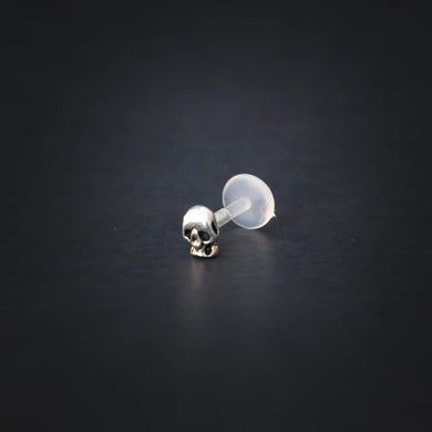 Silver Skull Labret Bar Earring - Tragus, Conch, Medusa