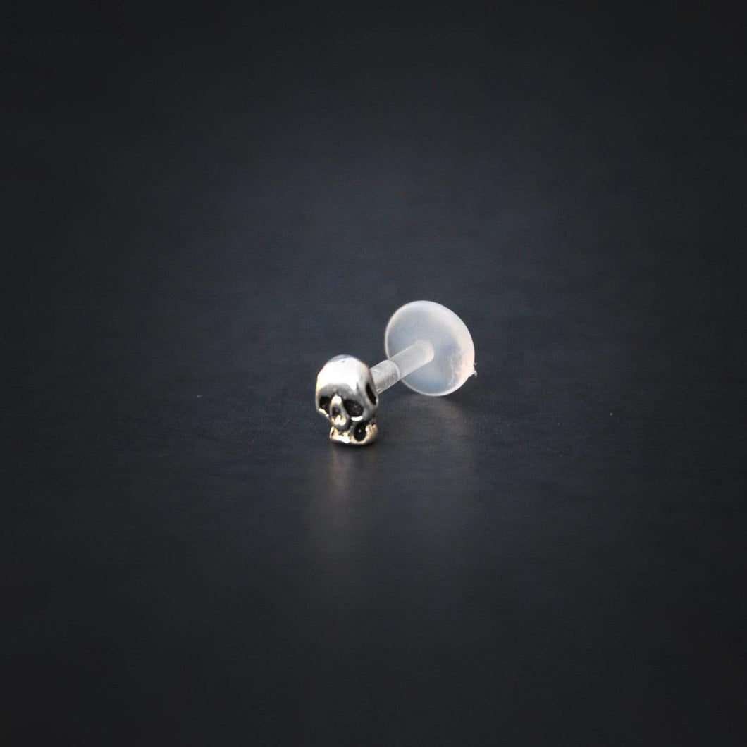 Silver Skull Labret Bar Earring - Tragus, Conch, Medusa