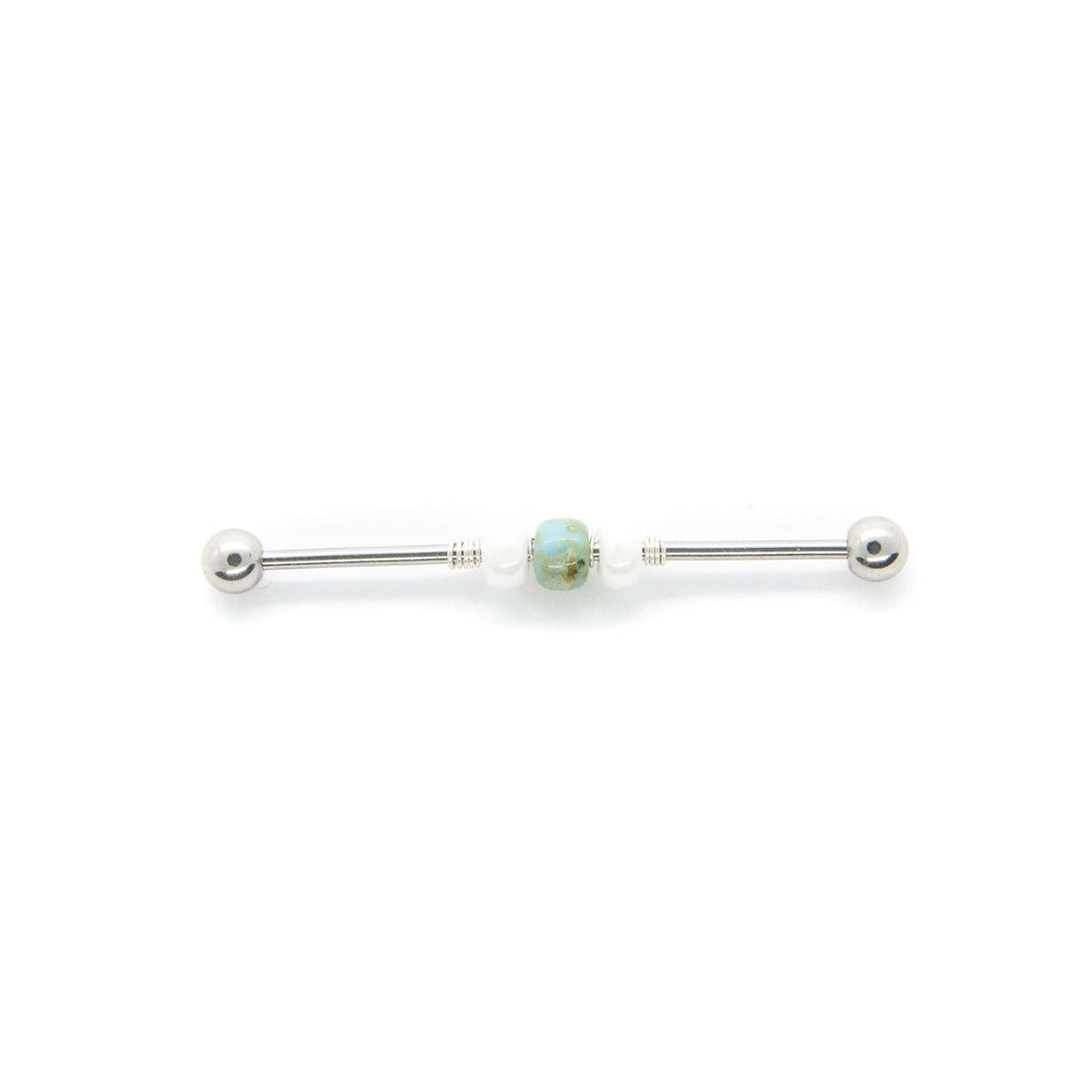 Turquoise & White Bead Industrial Barbell - Scaffold Piercing, Surgical Steel