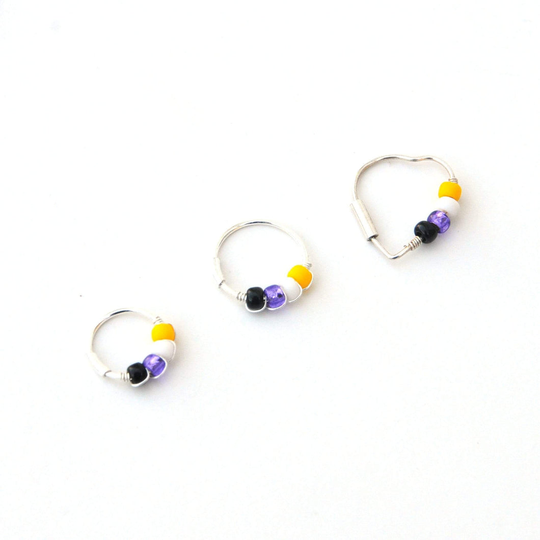Non Binary Pride Flag Beaded Silver Earrings - Cartilage Hoop, Nose Ring