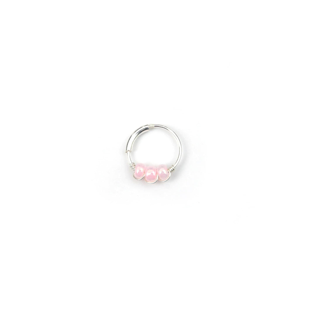 Pink Beaded Silver Hoop - Earrings, Cartilage Hoop, Nose Ring