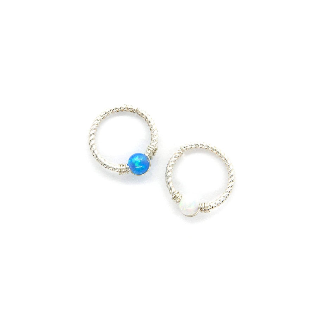 Blue and White Opal Twisted Hoop,