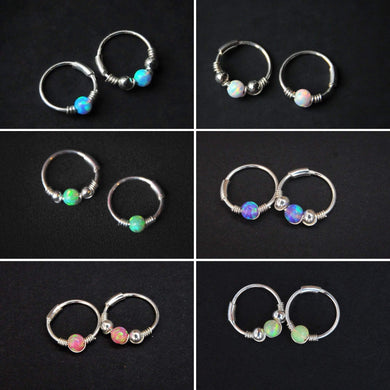 Silver Cartilage Hoop Earrings Huggie Earrings Opal Hoop Earrings - Cartilage Hoop, Nose Ring MidwinterHollow